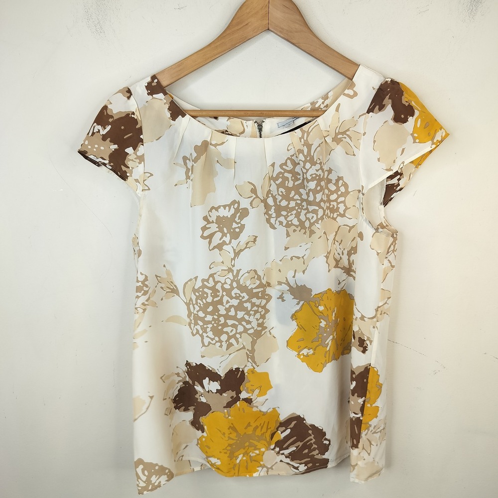 Halogen Floral Silk Blnd Top Medium Petite Back Zip Casual Brown Cream Earthy